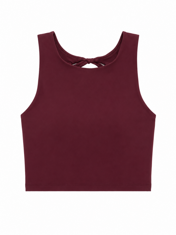 Burgundy Sleeveless Crop Top with Crew Neck and Keyhole Back