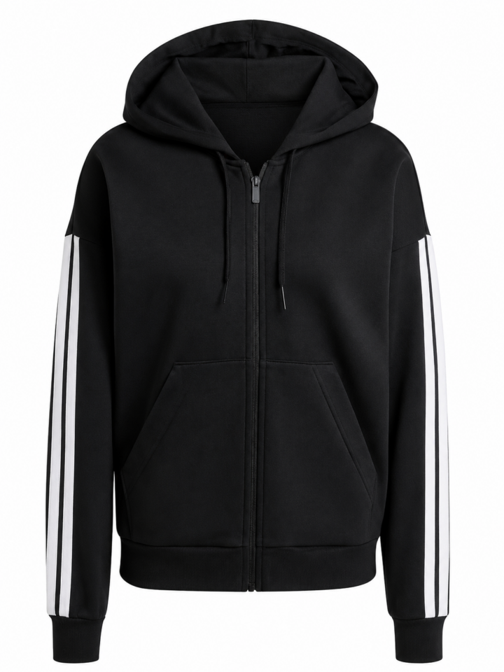 Black Full-Zip Hoodie with White Sleeve Stripes