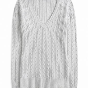Light Gray V-Neck Cable-Knit Sweater in Relaxed Longline Silhouette