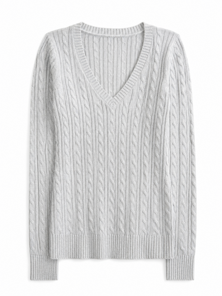 Light Gray V-Neck Cable-Knit Sweater in Relaxed Longline Silhouette