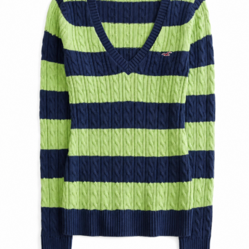 Lime Green and Navy Striped Cable Knit Sweater