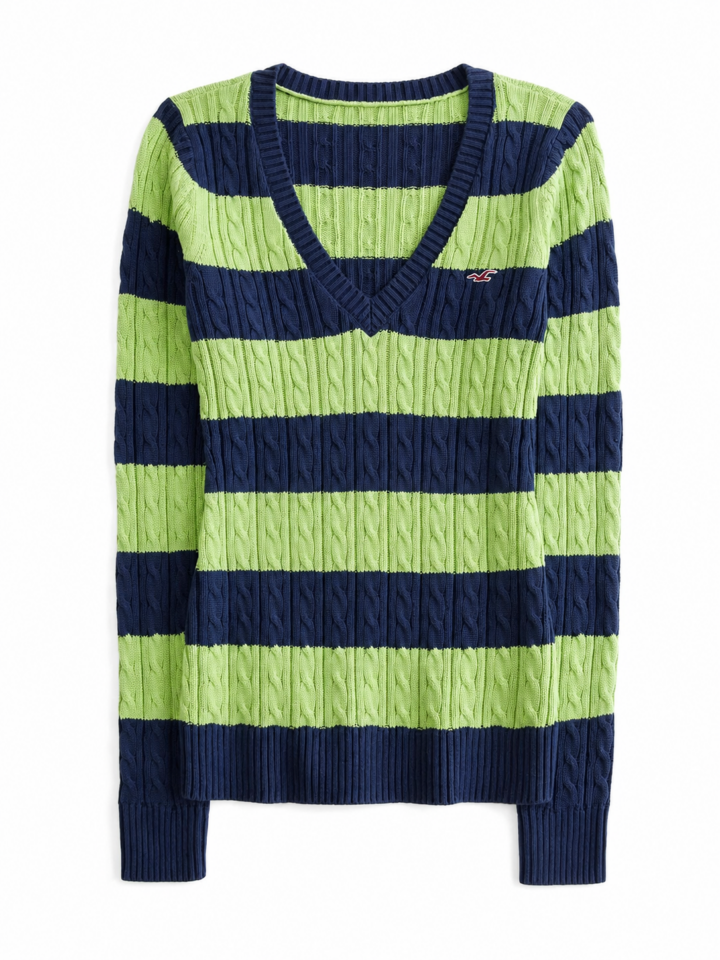 Lime Green and Navy Striped Cable Knit Sweater