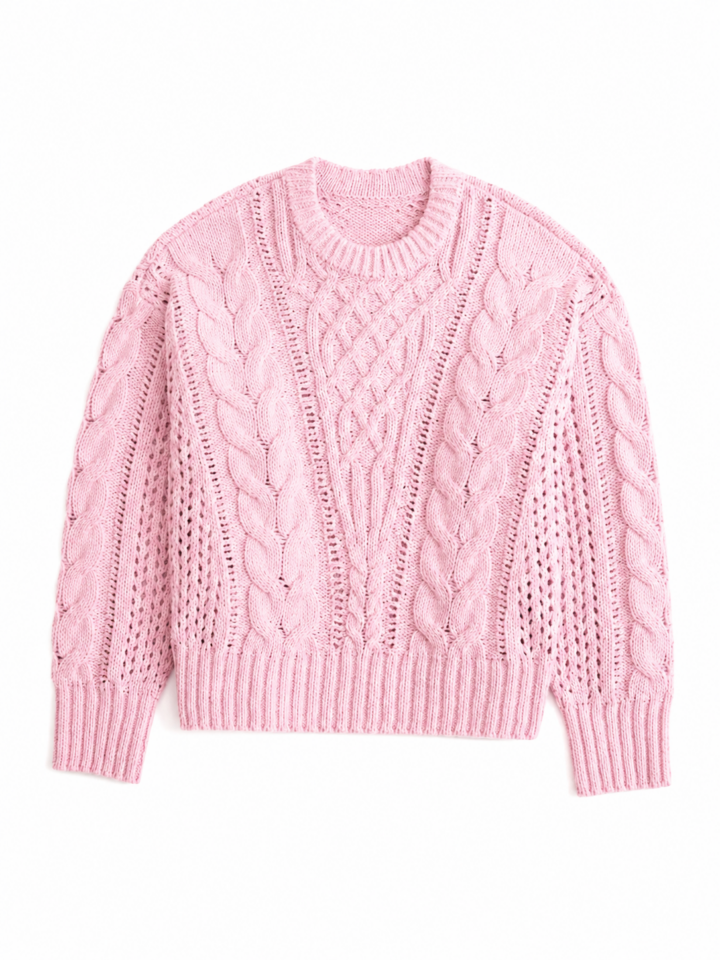 Light Pink Textured Cable Knit Pullover Sweater
