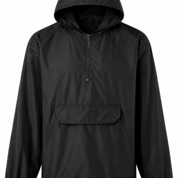 Black Pullover Hooded Anorak with Kangaroo Pocket