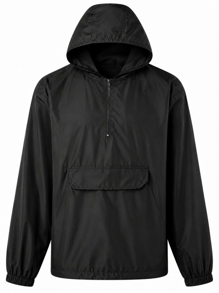 Black Pullover Hooded Anorak with Kangaroo Pocket