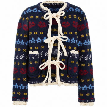 Navy Jacquard Cropped Cardigan with Floral Motifs