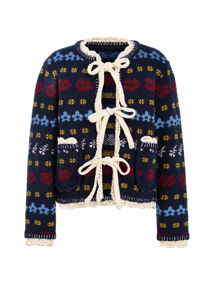 Navy Jacquard Cropped Cardigan with Floral Motifs
