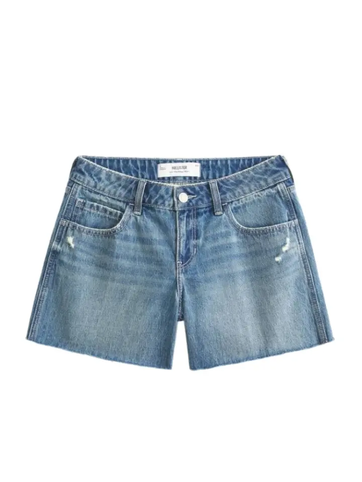 Medium-Wash Blue High-Rise Distressed Denim Shorts