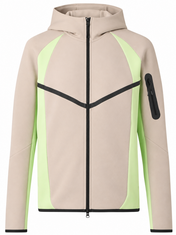 Beige and Neon Green Full-Zip Jacket with Color-Block