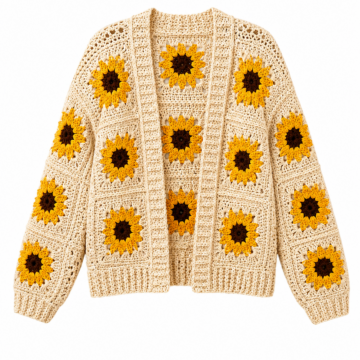 Cream Crochet Open Front Cardigan with Sunflower Motifs