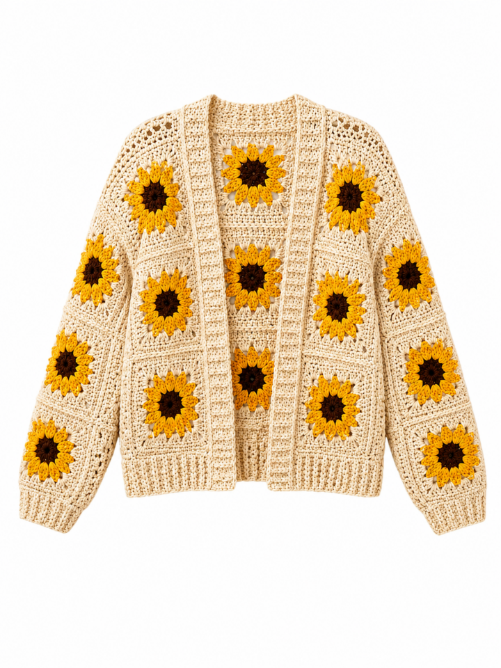 Cream Crochet Open Front Cardigan with Sunflower Motifs