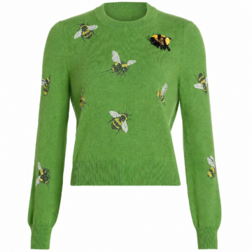 Green Knit Crew Neck Sweater with Embroidered Bees
