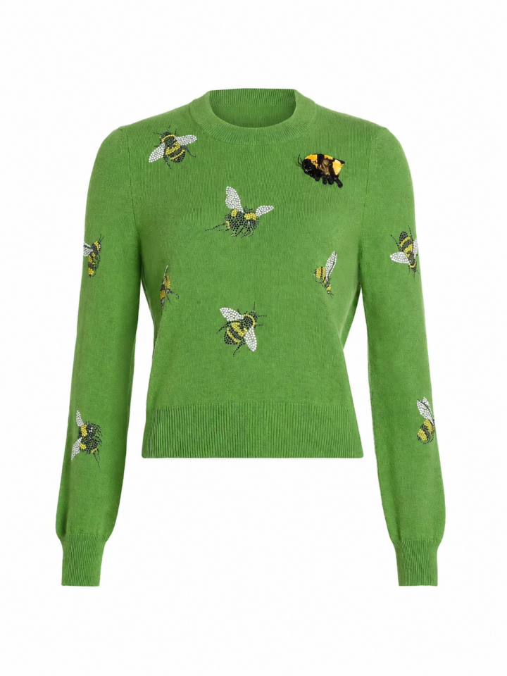 Green Knit Crew Neck Sweater with Embroidered Bees