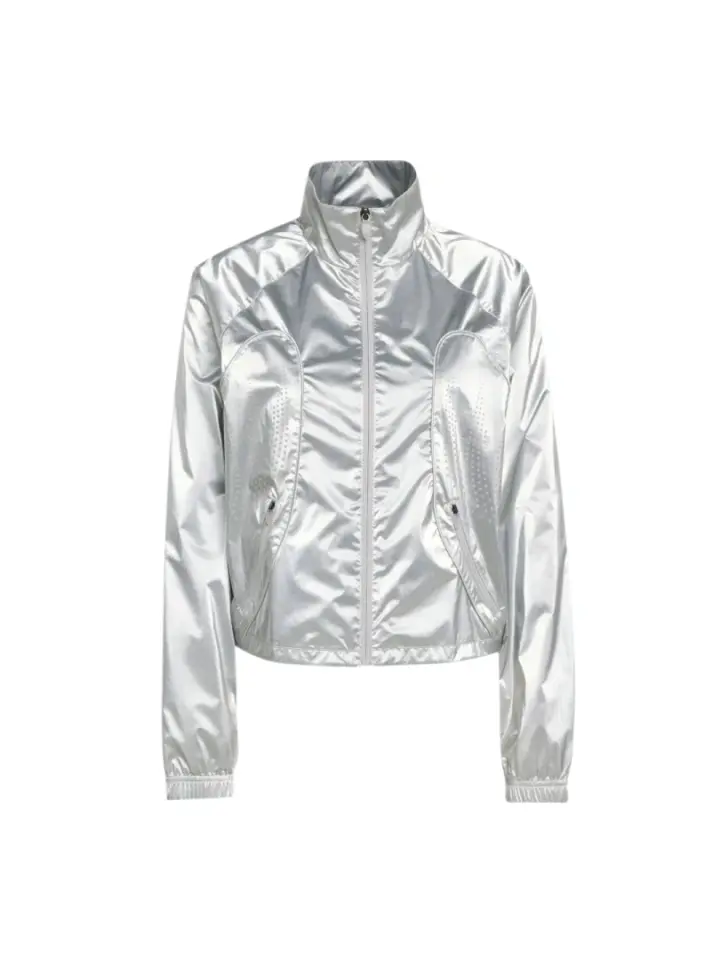 Metallic Silver Cropped Zip-Up Track Jacket