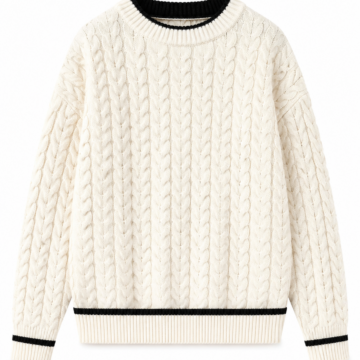 Cream Cable-Knit Sweater with Black Stripes