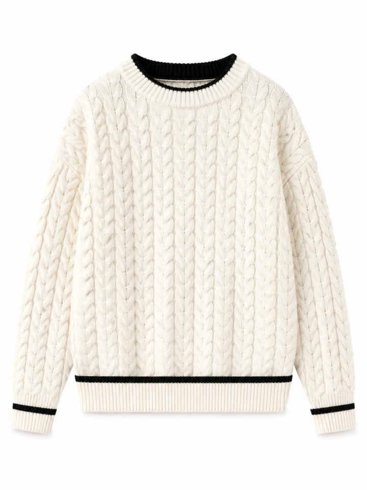 Cream Cable-Knit Sweater with Black Stripes
