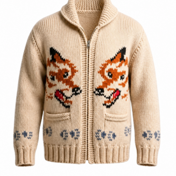 Beige Zip-Up Cardigan with Fox Intarsia Pattern