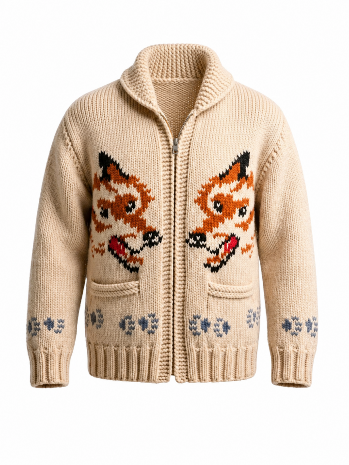 Beige Zip-Up Cardigan with Fox Intarsia Pattern