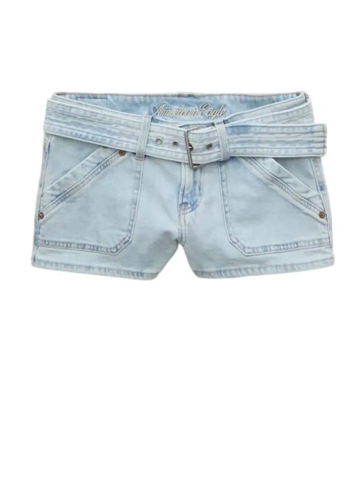 Light-Wash Blue Fitted Denim Shorts with Self-Tie Belt