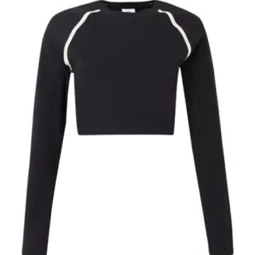 Black Long-Sleeve Cropped Top with Contrast Piping
