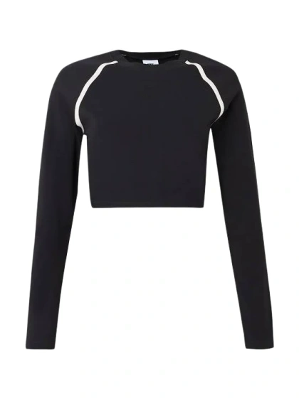Black Long-Sleeve Cropped Top with Contrast Piping