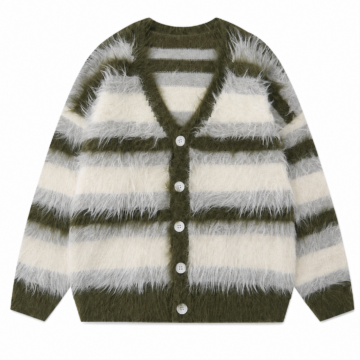 Olive Green Striped V-Neck Cardigan Sweater with Button Front
