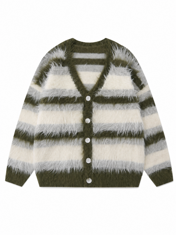 Olive Green Striped V-Neck Cardigan Sweater with Button Front