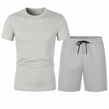 Light Grey Crewneck T-Shirt and Shorts Matching Set with Black Drawstring