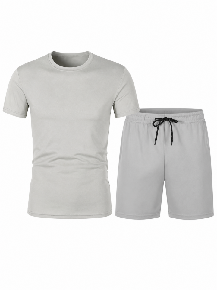 Light Grey Crewneck T-Shirt and Shorts Matching Set with Black Drawstring