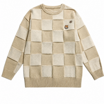 Cream Beige Oversized Checkerboard Knit Pullover Sweater