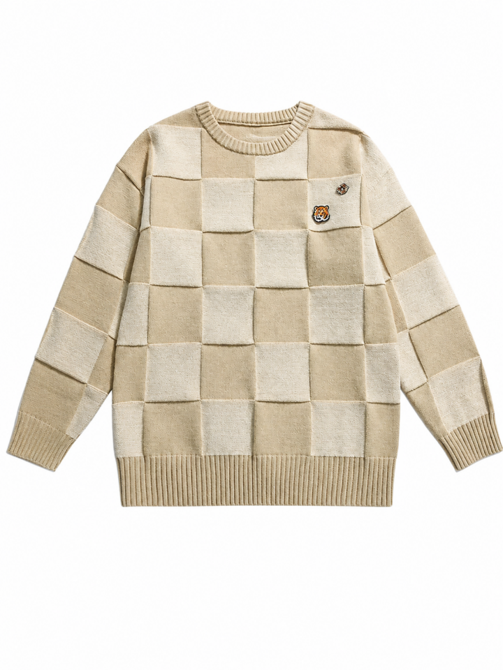 Cream Beige Oversized Checkerboard Knit Pullover Sweater