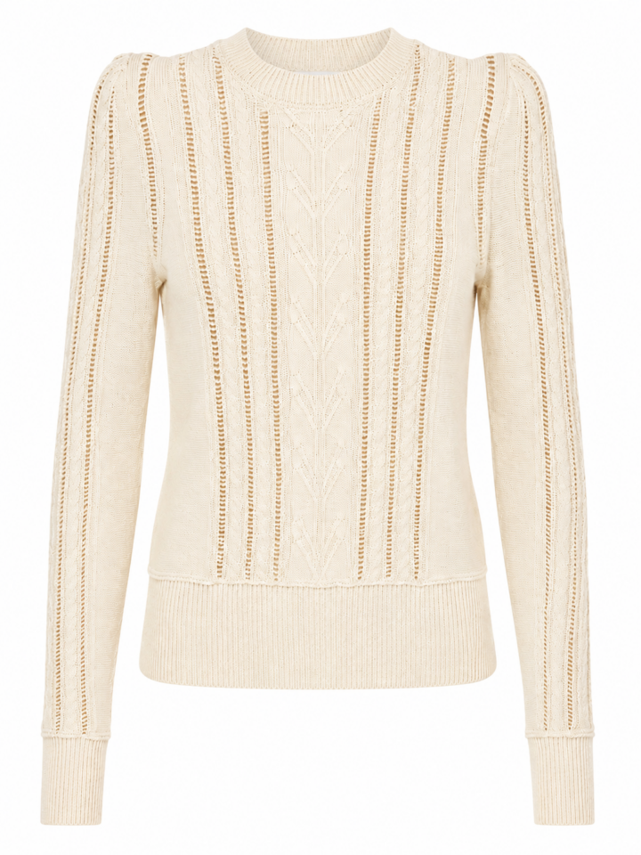 Cream Cable Knit Fitted Sweater with Pointelle Detail