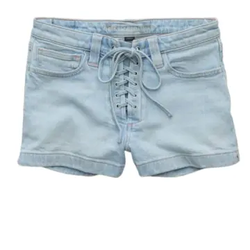 Light Wash Straight Fit Lace-Up Denim Shorts