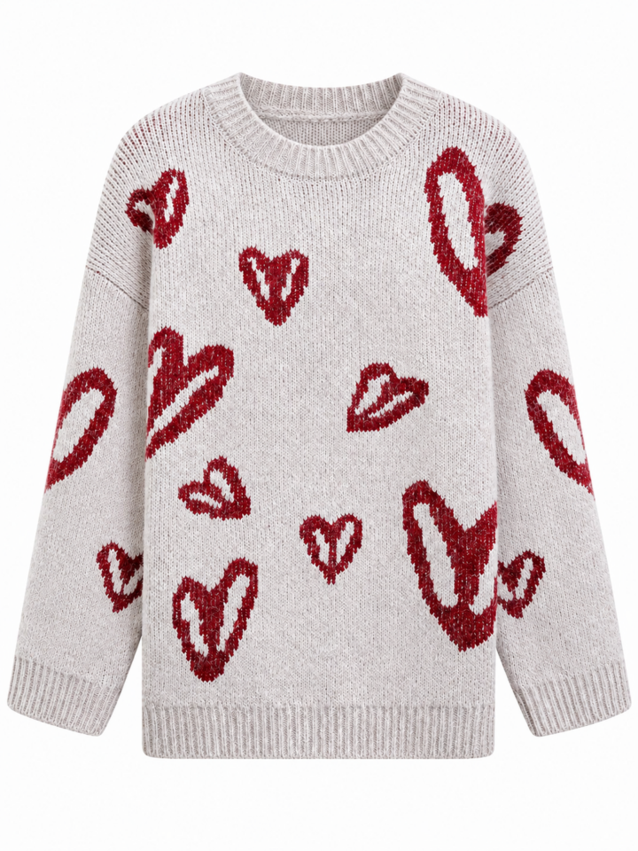 Light Grey Knit Sweater with Red Heart Pattern