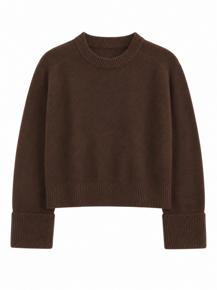 Dark Brown Relaxed Cropped Pullover Sweater with Extra-Wide Cuffs