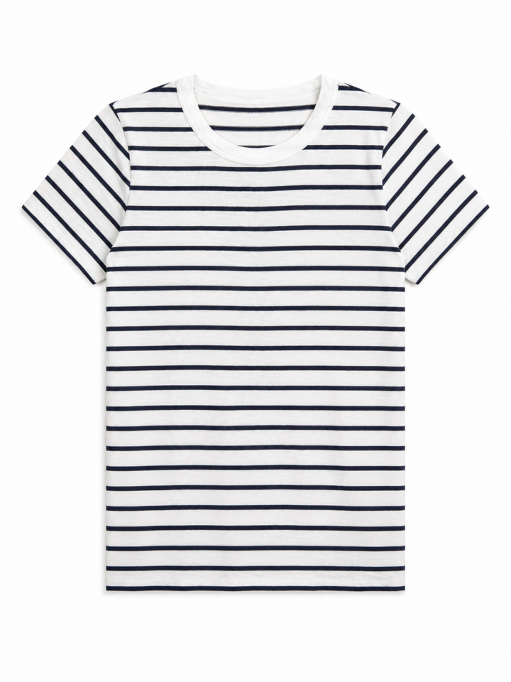 White and Navy Striped Classic Crew Neck T-Shirt