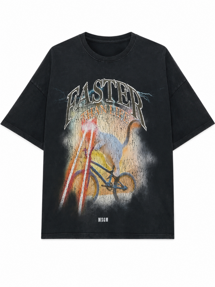 Faded Black Oversized T-Shirt with Bicycle Graphic