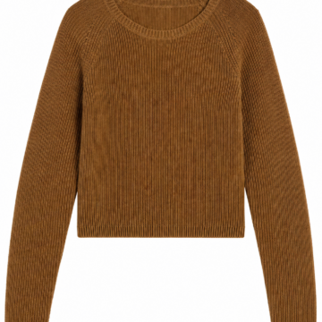 Medium Brown Cropped Ribbed Knit Sweater with Raglan Sleeves