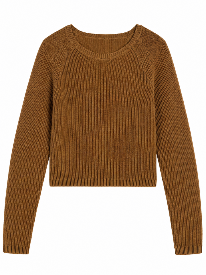 Medium Brown Cropped Ribbed Knit Sweater with Raglan Sleeves