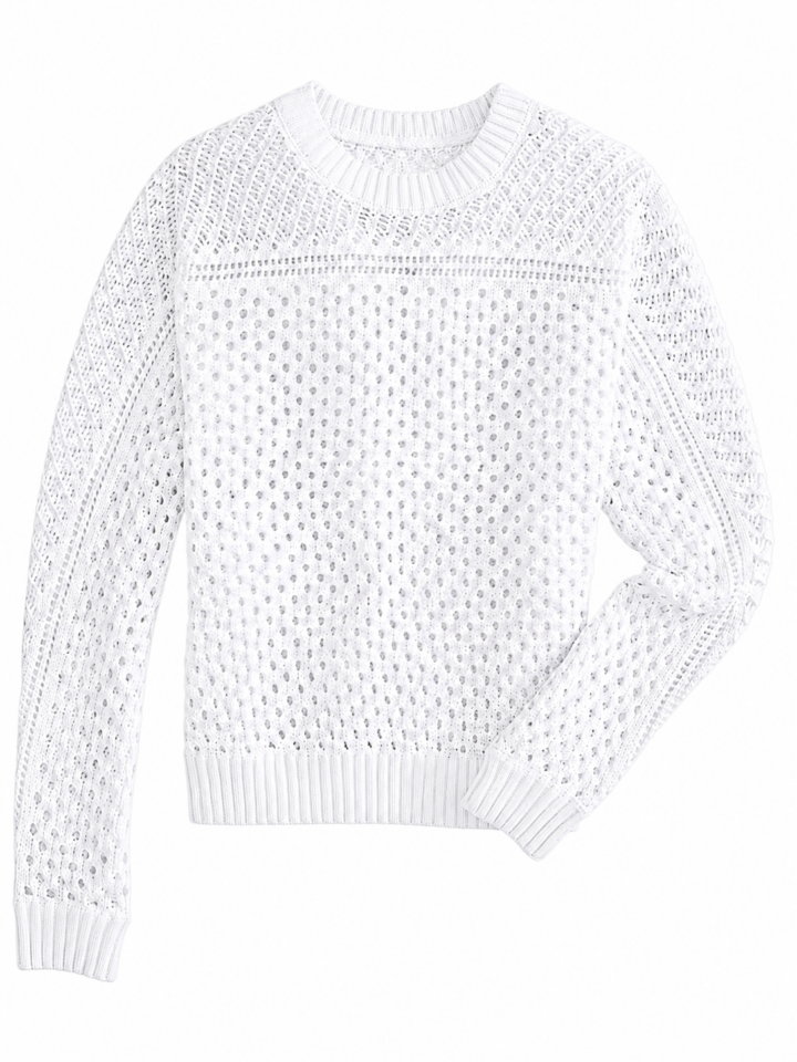 White Relaxed Fit Open-Knit Sweater with Eyelet Chest Band