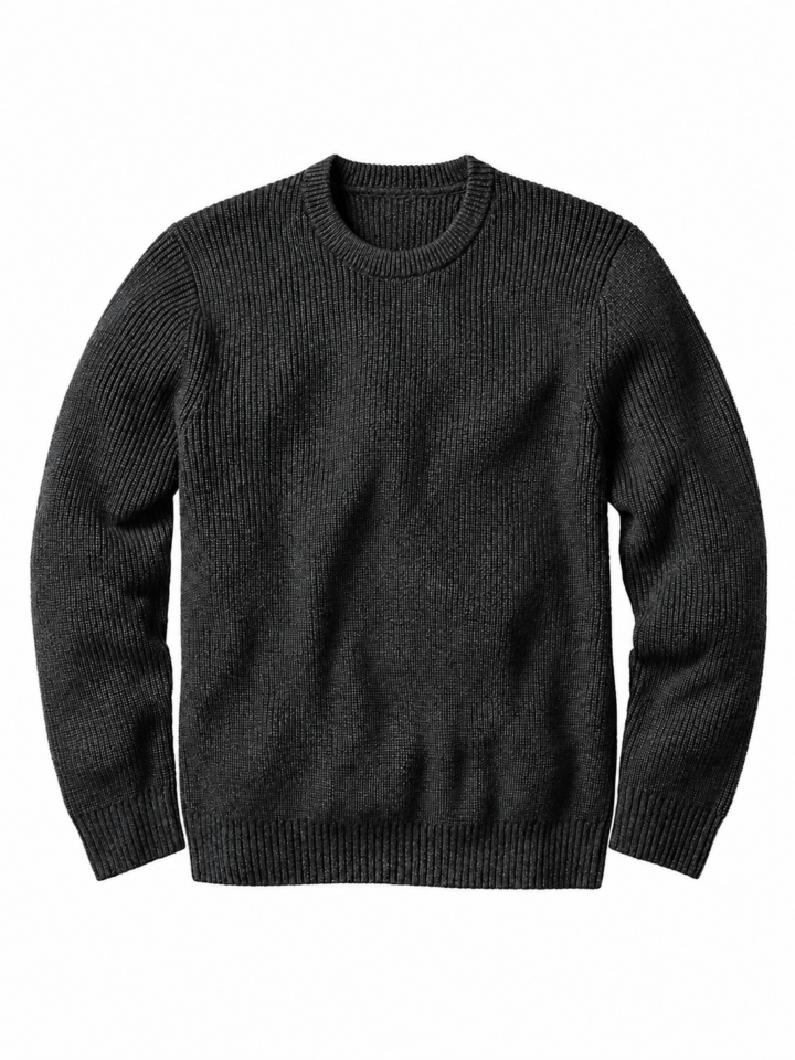 Dark Charcoal Grey Ribbed Knit Sweater with Crew Neck
