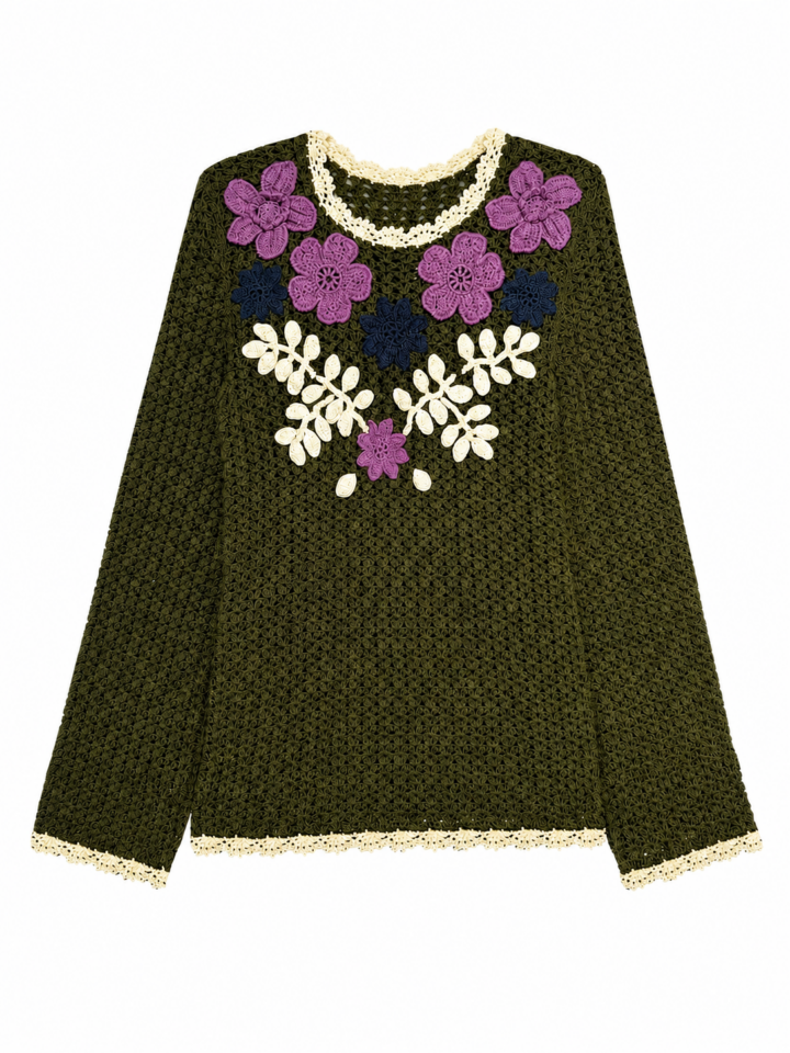 Olive Green Crocheted Top with Floral Motif