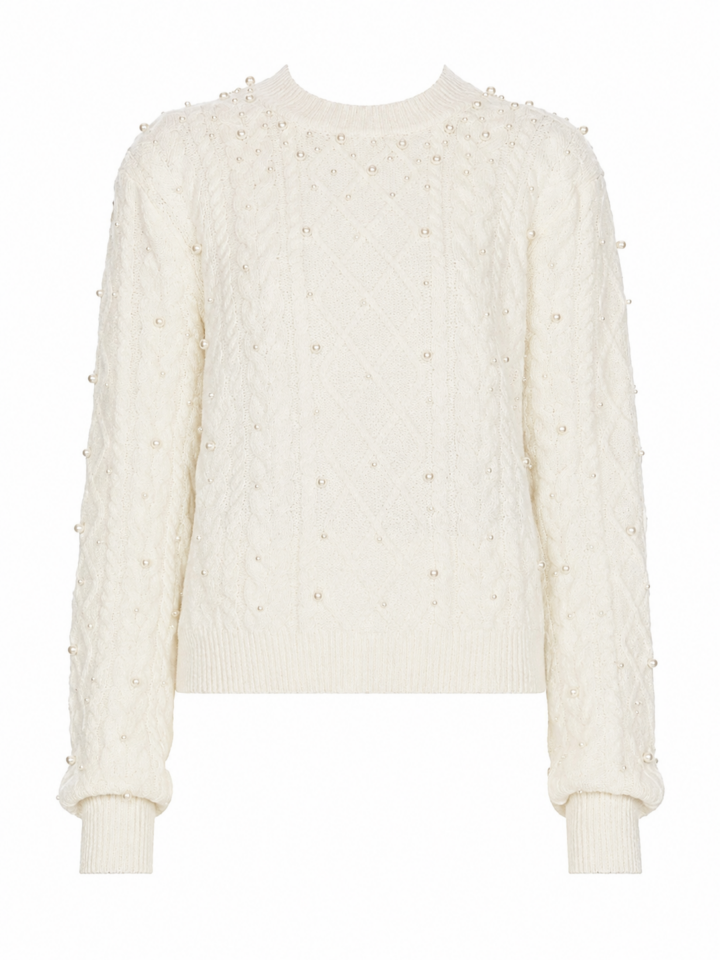 Off-White Cable Knit Pullover Sweater with Pearl Beads