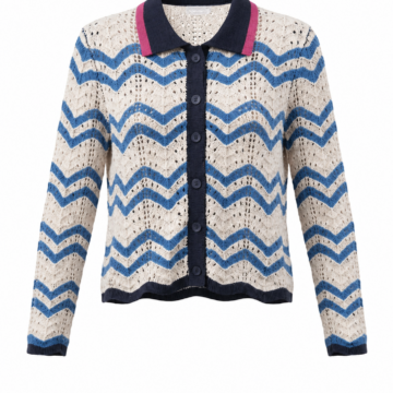 Blue and Cream Chevron Pattern Cardigan with Navy Trim