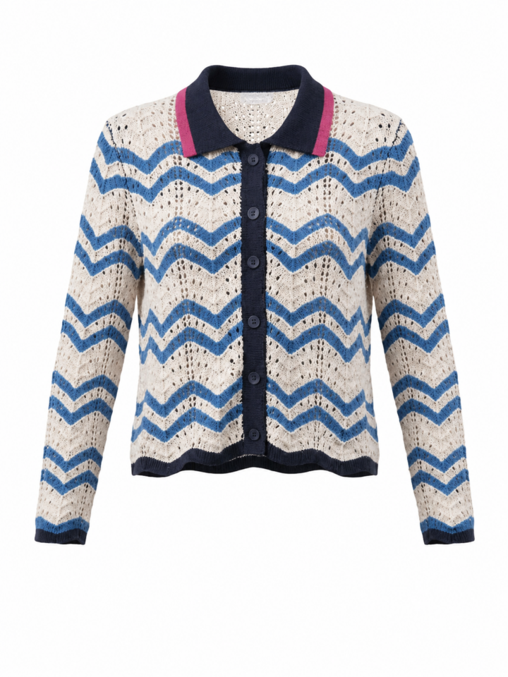 Blue and Cream Chevron Pattern Cardigan with Navy Trim