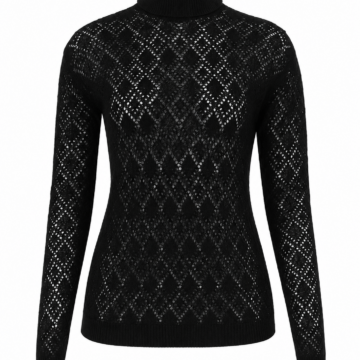 Black Turtleneck Sweater with Diamond Pointelle Pattern