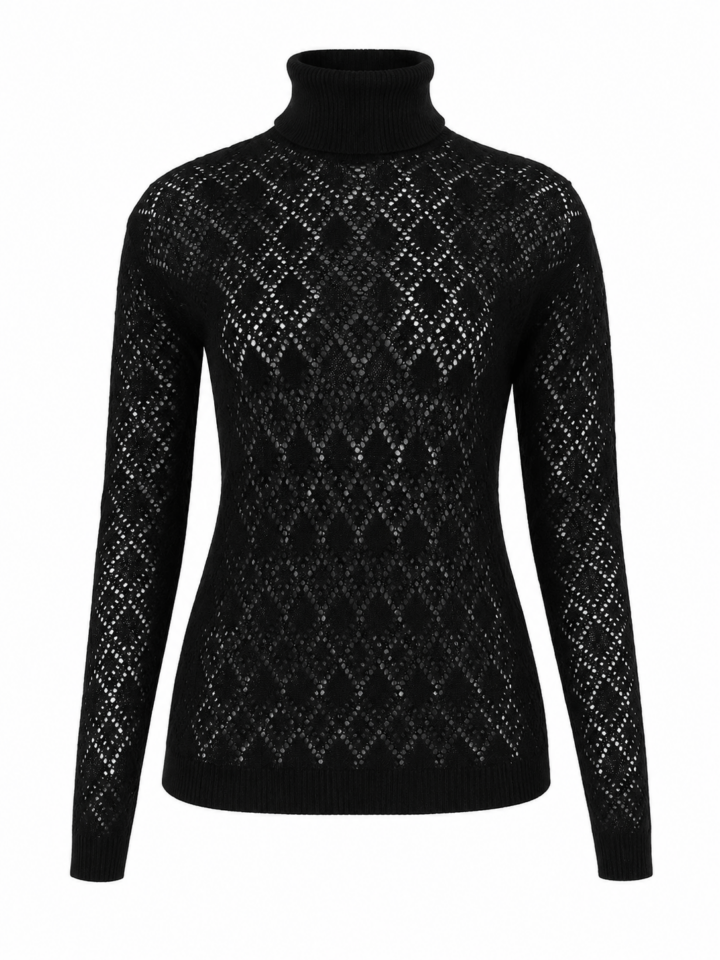 Black Turtleneck Sweater with Diamond Pointelle Pattern