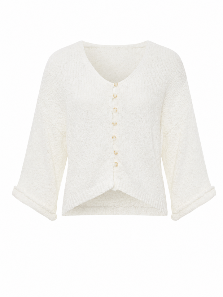 White Cropped Knit Cardigan with Three-Quarter Sleeves
