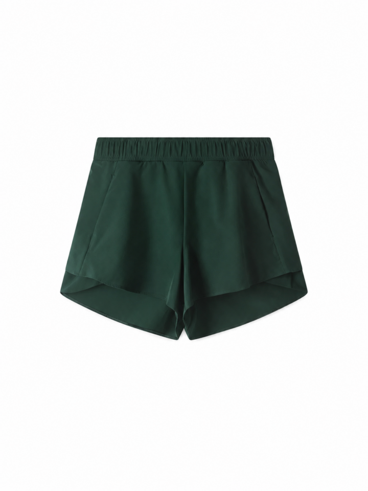 Dark Green Pleated Flared Shorts with Elastic Waist