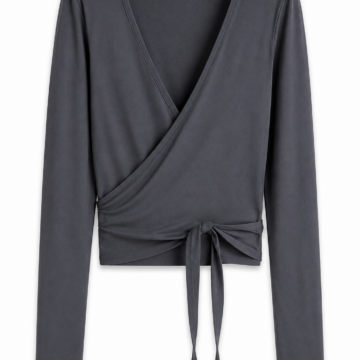 Dark Grey Cropped Wrap Top with Deep V-Neck and Side Tie